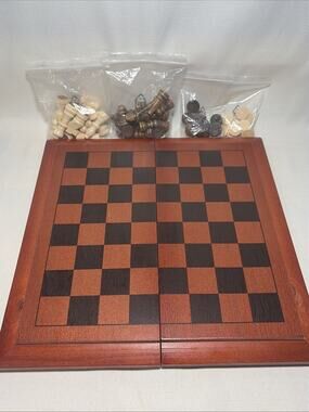 Folding Wooden Chess Set Board Brown & Beige Pieces Classic 15.75” EUC